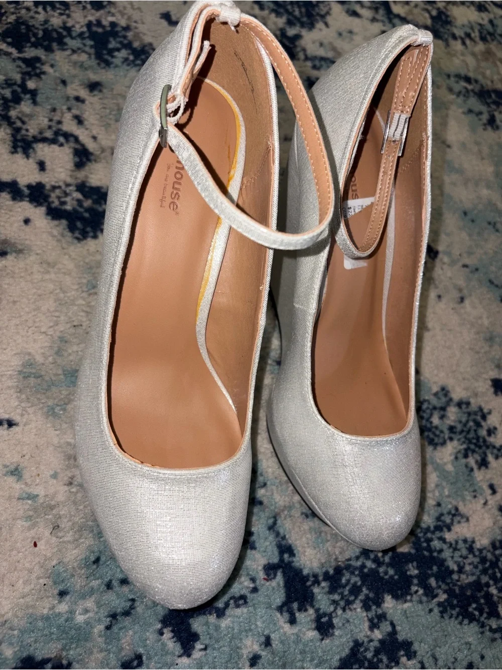 Dollhouse White Shimmer Ankle-Strap Mary Jane Wedge Pumps